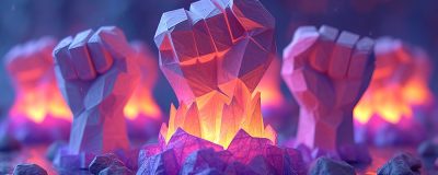 a 3D model featuring cardboard flames and purple cardboard fists. Volumetric. Maximum quality. Feminist. --ar 3:2 --stylize 1000 --v 6 Job ID: 7d3a3913-e7dd-42a1-9d89-9407672b22dc